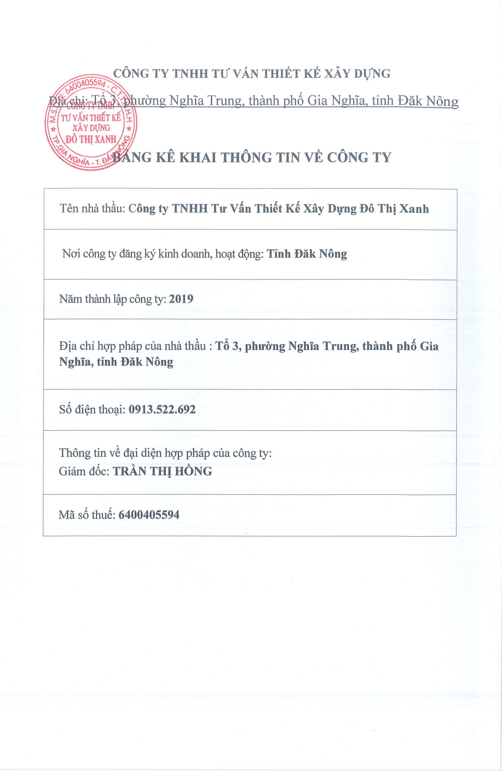 BẢNG KÊ KHAI THÔNG TIN VỀ CÔNG TY